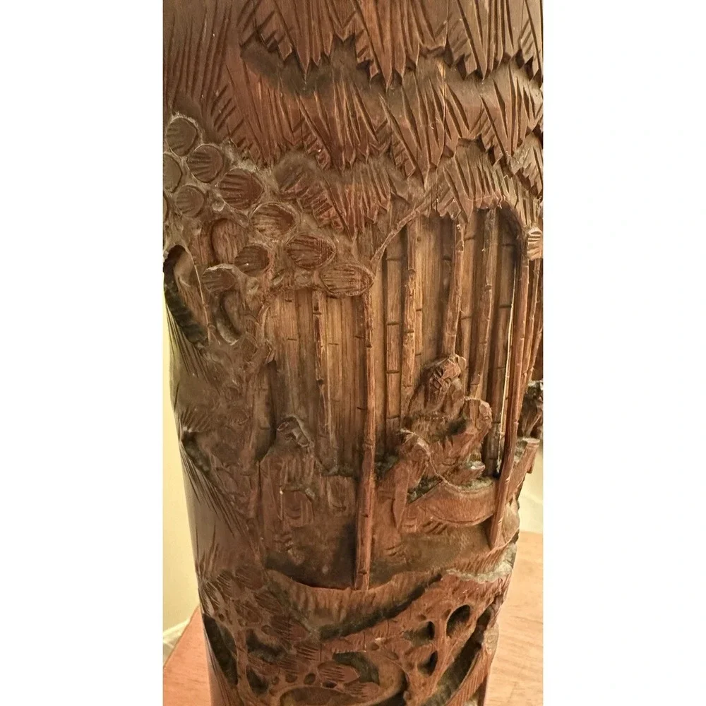 Antique Chinese carved‎ landscapes and figurines bamboo brush pot Vase